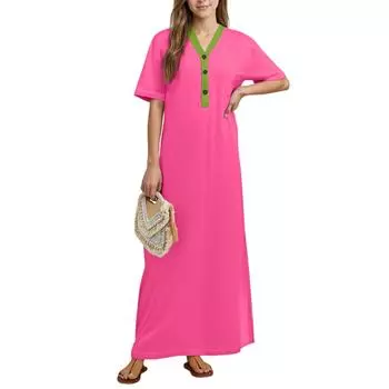 Женская ночная рубашка Домашняя одежда Ночная рубашка с коротким рукавом и карманами Длинное платье XL розовый