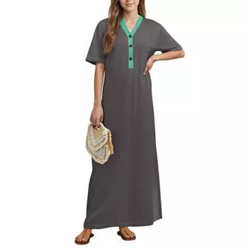 Женская ночная рубашка Домашняя одежда Ночная рубашка с коротким рукавом и карманами Длинное платье M