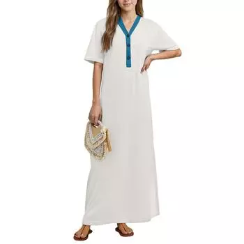 Женская ночная рубашка Домашняя одежда Ночная рубашка с коротким рукавом и карманами Длинное платье S белый