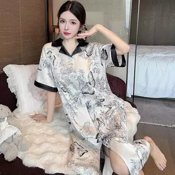 Женская ночная рубашка, домашняя одежда, принт в виде бабочки и цветов, летняя рубашка из ледяного шелка, пижама, ночная рубашка, домашняя одежда, которую можно носить на улице M