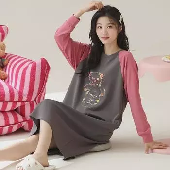 Женская ночная рубашка из 100% хлопка длиной до колена с длинными рукавами на весну и осень L