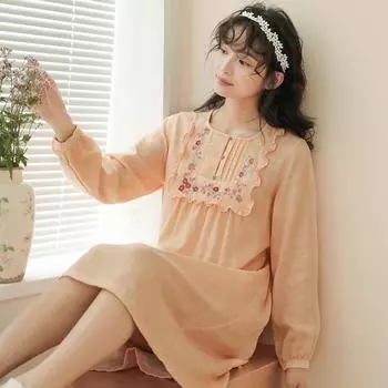 Женская ночная рубашка из хлопка с круглым вырезом и длинными рукавами - удобная дышащая японская одежда для дома весной и летом