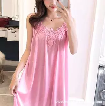 «Женская ночная рубашка из искусственного шелка весна/лето — сексуальное нижнее белье из ледяного шелка с большой юбкой-солнце и подтяжками для дома». One Size