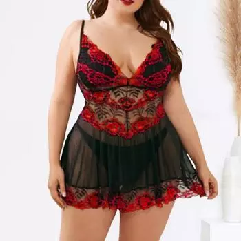 Женская ночная рубашка, комплект из 2 шт./компл., трусики с глубоким вырезом и V-образным вырезом, прозрачная сетка с цветочной вышивкой, плиссированная одежда для сна без рукавов с открытой спиной для молодоженов L красный