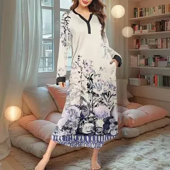 Женская ночная рубашка, модный принт, длинный домашний халат, пижама с V-образным вырезом и карманами, платье L