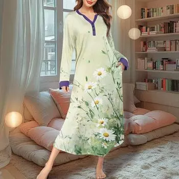 Женская ночная рубашка, модный принт, длинный домашний халат, пижама с V-образным вырезом и карманами, платье L