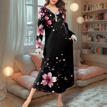 Женская ночная рубашка, модный принт, длинный домашний халат, пижама с V-образным вырезом и карманами, платье L чёрный