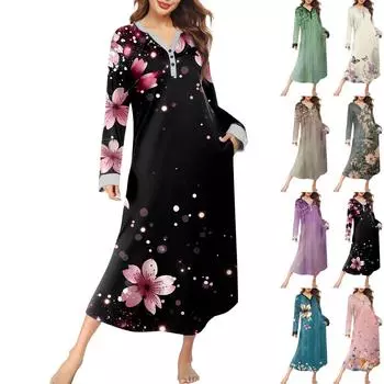 Женская ночная рубашка, модный принт, длинный домашний халат, пижама с V-образным вырезом и карманами, платье L чёрный