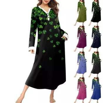 Женская ночная рубашка, модный принт, длинный домашний халат, пижама с V-образным вырезом и карманами, платье L