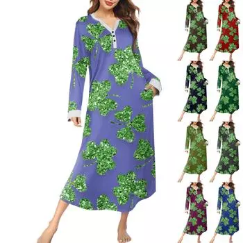 Женская ночная рубашка, модный принт, длинный домашний халат, пижама с V-образным вырезом и карманами, платье M фиолетовый