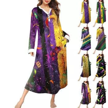 Женская ночная рубашка, модный принт, длинный домашний халат, пижама с V-образным вырезом и карманами, платье L чёрный
