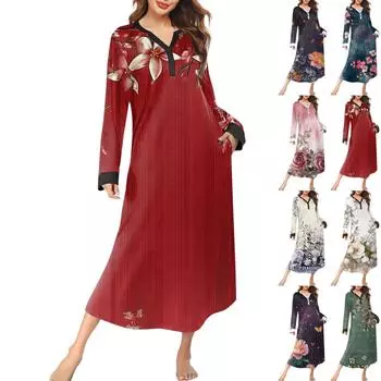 Женская ночная рубашка, модный принт, длинный домашний халат, пижама с V-образным вырезом и карманами, платье L