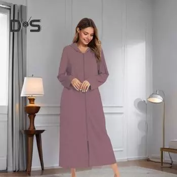 Женская ночная рубашка на молнии с длинным рукавом, свободная, чистого цвета, с карманами, длиной до середины икры, с капюшоном, домашняя одежда, повседневная одежда для дома, спальни, ночная рубашка S фиолетовый