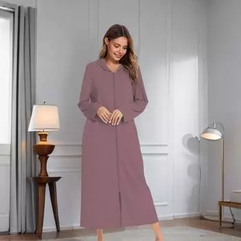 Женская ночная рубашка на молнии с длинным рукавом, свободная, чистого цвета, с карманами, длиной до середины икры, с капюшоном, домашняя одежда, повседневная одежда для дома, спальни, ночная рубашка S вино красного