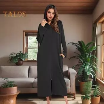 Женская ночная рубашка на молнии с длинным рукавом, свободная, чистого цвета, с карманами, длиной до середины икры, с капюшоном, домашняя одежда, повседневная одежда для дома, спальни, ночная рубашка S чёрный