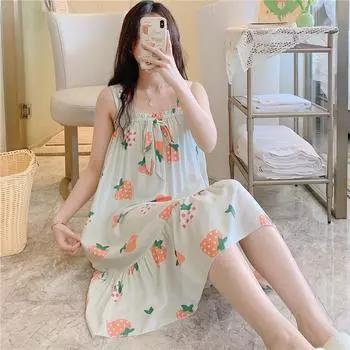 Женская ночная рубашка, ночная рубашка из хлопка и шелка, весна-лето, без рукавов, повседневные платья с принтом, домашняя одежда, которую можно носить на улице, с One size