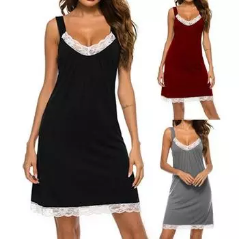 Женская ночная рубашка, однотонная кружевная ночная рубашка без рукавов с V-образным вырезом на лето L вино красного