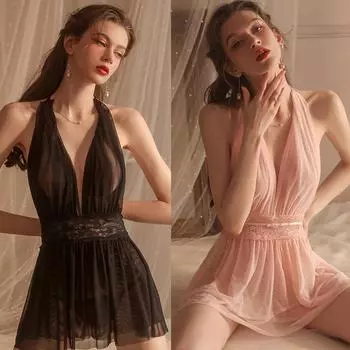 Женская ночная рубашка Perspective, двухслойная марлевая юбка, ночная рубашка, сексуальная ночная рубашка с глубоким V-образным вырезом и трусиками