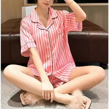 Женская ночная рубашка, розовый полосатый кардиган, пижама, женская весенне-летняя высококачественная одежда для сна, домашняя одежда, комплект из 2 предметов для девочек, однотонный M розовый