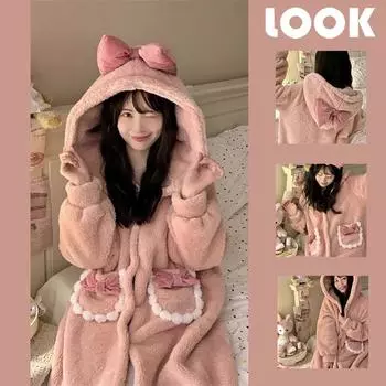 Женская ночная рубашка с бантом, ночная рубашка, зимняя ночная одежда, теплая флисовая пижама, цельная ночная рубашка с карманом и длинным рукавом, домашняя одежда XXL