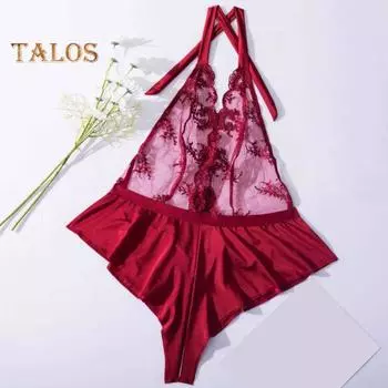 Женская ночная рубашка с бретелью через шею, прозрачное кружево, открытые плечи, открытый шаговый шов, без рукавов, цветочная вышивка, облегающий комбинезон для первой брачной ночи XL