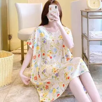 Женская ночная рубашка с цветочным принтом, круглый вырез, плиссированная, с короткими рукавами, до колена, домашняя одежда, повседневная темно-фиолетового