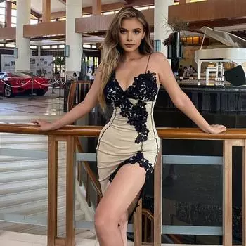 Женская ночная рубашка с глубоким вырезом, кружевная вышивка, тонкая бретелька, высокий разрез, без рукавов, подходящая по цвету, облегающая S вино красного