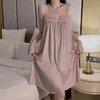 Женская ночная рубашка с перьевыми бретелями, ночная рубашка из атласа Ice Silk, удобная и нескользящая, женская ночная рубашка M фиолетовый