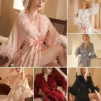 Женская ночная рубашка с перьями, регулируемый пояс, атласный V-образный вырез, имитация шелка, однотонная пижама, вечеринка, свадьба, невеста, подружка невесты, утренний халат M