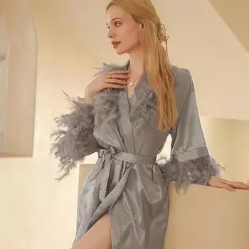 Женская ночная рубашка с перьями, регулируемый пояс, атласный V-образный вырез, имитация шелка, однотонный M белый