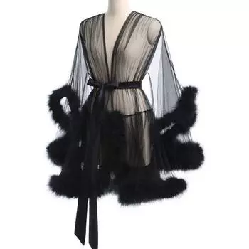 Женская ночная рубашка с плюшевой отделкой, ультратонкой прозрачной сеткой, оборкой и регулируемой талией S чёрный