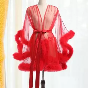 Женская ночная рубашка с плюшевой отделкой, ультратонкая прозрачная сетчатая оборка с регулируемым поясом, однотонная плиссированная пижама для вечеринок, одежда для сна S красный