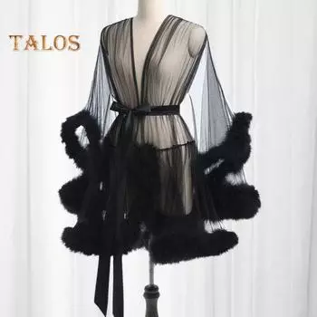 Женская ночная рубашка с плюшевой отделкой, ультратонкая прозрачная сетчатая оборка с регулируемым поясом, однотонная плиссированная пижама для вечеринок, одежда для сна S красный