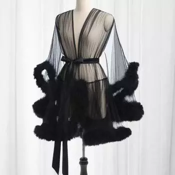 Женская ночная рубашка с плюшевой отделкой, ультратонкой прозрачной сеткой, оборкой и регулируемым поясом на талии S розовый