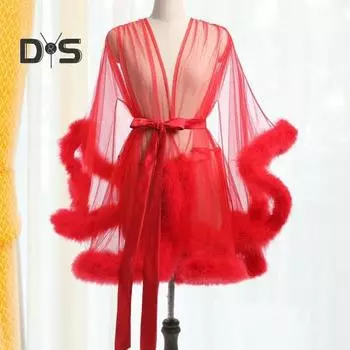 Женская ночная рубашка с плюшевой отделкой, ультратонкая прозрачная сетчатая оборка с регулируемым поясом, однотонная плиссированная пижама для вечеринок, одежда для сна S розовый