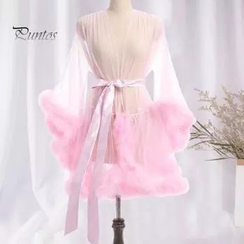 Женская ночная рубашка с плюшевой отделкой, ультратонкая прозрачная сетчатая оборка с регулируемым поясом, однотонная плиссированная пижама для вечеринок, одежда для сна S