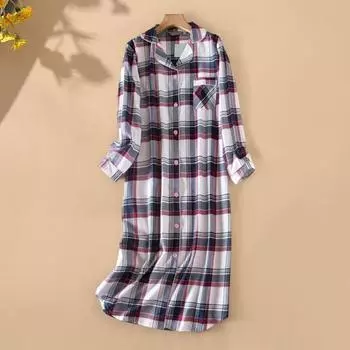 Женская ночная рубашка с принтом в виде сердца в клетку, отложным воротником, однобортная, длиной до колена, с нагрудным карманом, свободная ночная рубашка, осенняя домашняя одежда, весенняя одежда для сна L серый/белый