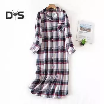 Женская ночная рубашка с принтом в виде сердца в клетку, отложным воротником, однобортная, длиной до колена, с нагрудным карманом, свободная ночная рубашка, осенняя домашняя одежда, весенняя одежда для сна L серый/белый