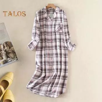 Женская ночная рубашка с принтом в виде сердца в клетку, отложным воротником, однобортная, длиной до колена, с нагрудным карманом, свободная ночная рубашка, осенняя домашняя одежда, весенняя одежда для сна L белый/серый