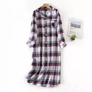 Женская ночная рубашка с принтом в виде сердца в клетку, отложным воротником, однобортная, длиной до колена, с нагрудным карманом, свободная ночная рубашка, осенняя домашняя одежда, весенняя одежда для сна XL серый/белый