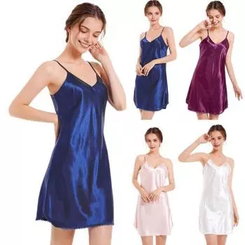 Женская ночная рубашка с регулируемым бретельком из шелковистого атласа с открытой спиной и без рукавов, сплошной цвет с v-образным вырезом, тонкое кружево M белый