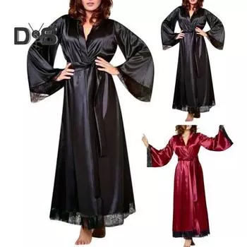 Женская ночная рубашка с регулируемым поясом, атласным V-образным вырезом, искусственным шелком, ажурными кружевными манжетами, однотонная одежда для сна, вечеринок, свадеб, невесты, подружки невесты M чёрный