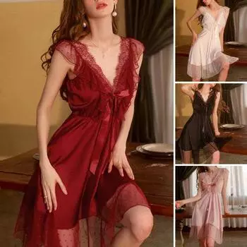 Женская ночная рубашка с v-образным вырезом и кружевом с рюшами, двухслойная, с бантом, без рукавов, однотонная, сетчатая, атласная, с открытой спиной, длиной до колена, женская ночная рубашка M белый