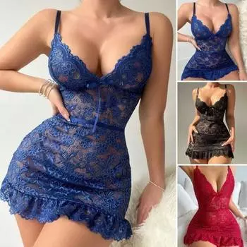 Женская ночная рубашка с V-образным вырезом, открытой спиной, цветочной вышивкой, без рукавов, облегающая ночная рубашка с оборками и прозрачным подолом, соблазнительная ночная рубашка L вино красного