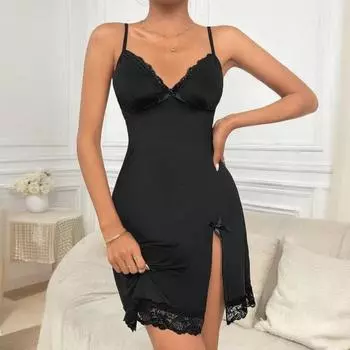Женская ночная рубашка с V-образным вырезом на спине, без рукавов, с бантом, кружевом, цветочной вышивкой, ночная рубашка на тонких бретельках, с разрезом по низу, ночная рубашка для Дня святого Валентина, свадьбы, медового месяца S темно-синий