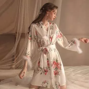 Женская ночная рубашка, сексуальная пижама с цветочным принтом и галстуком, удобная милая плюшевая ночная рубашка, новый атласный халат для женщин M