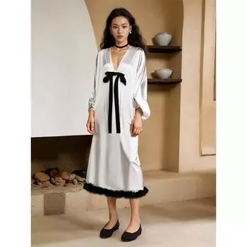 Женская ночная рубашка, спальная рубашка, женское платье с длинным рукавом, пижама, глубокий V-образный вырез, ночное платье, женская сексуальная ночная рубашка, домашняя одежда, платье S белый