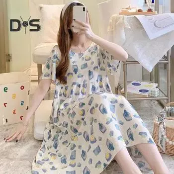 Женская ночная рубашка свободного покроя с цветочным принтом, круглым вырезом, плиссированная, с короткими рукавами, длиной до колена, домашняя одежда, повседневное платье миди, женская ночная рубашка, платье миди чёрный