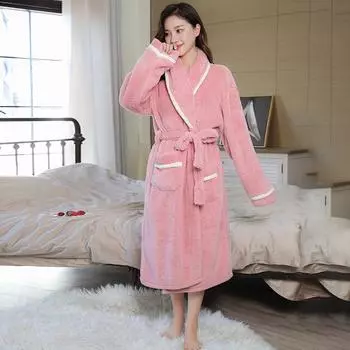 Женская ночная рубашка, зимний утепленный халат, роскошный женский длинный халат, фланелевый теплый халат для сна, женский халат, халаты с карманом M серый