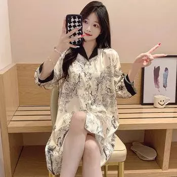 Женская ночная юбка с принтом цветов и бабочек, элегантная юбка-рубашка из твила с узором «елочка», новинка SummerSleepskirt M чёрный